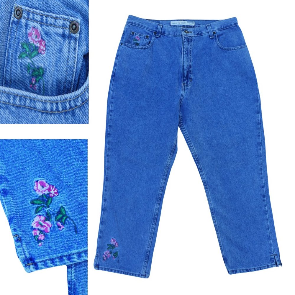 34x25 Vtg Bugle Boy Rose Embroidered Jeans High Waist Tapered Crop Leg Slits 16